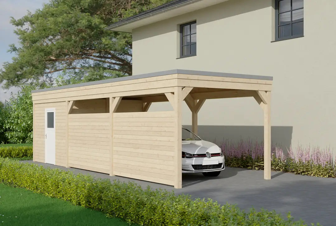 Flachdachcarport aus Holz 300x900cm mit Geräteraum und Seitenwand