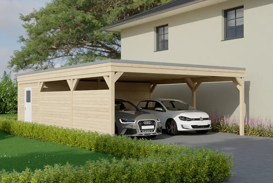 Flachdachcarport aus Holz 600x900cm mit Geräteraum und Seitenwand