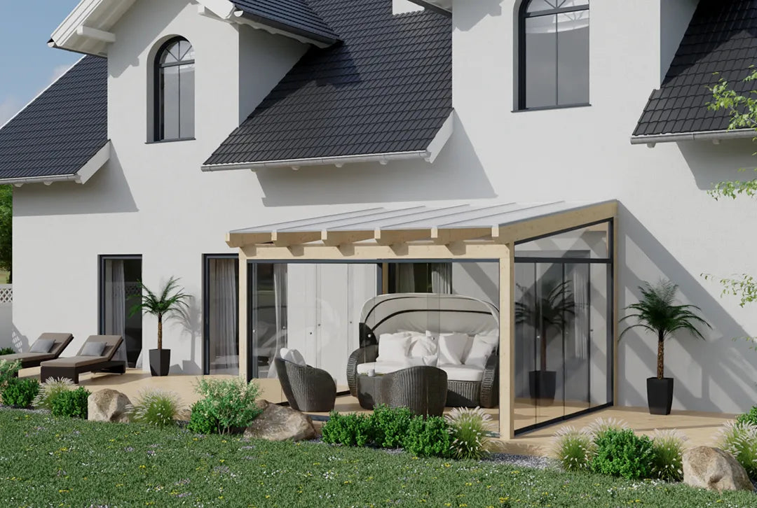 Kaltwintergarten Holz 400x500cm VSG teak