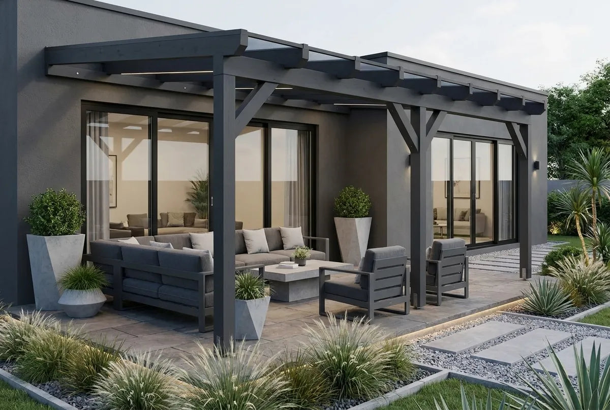markise 8x3 Terrassenüberdachung Holz, anthrazit, 8x3 m, Doppelsteg