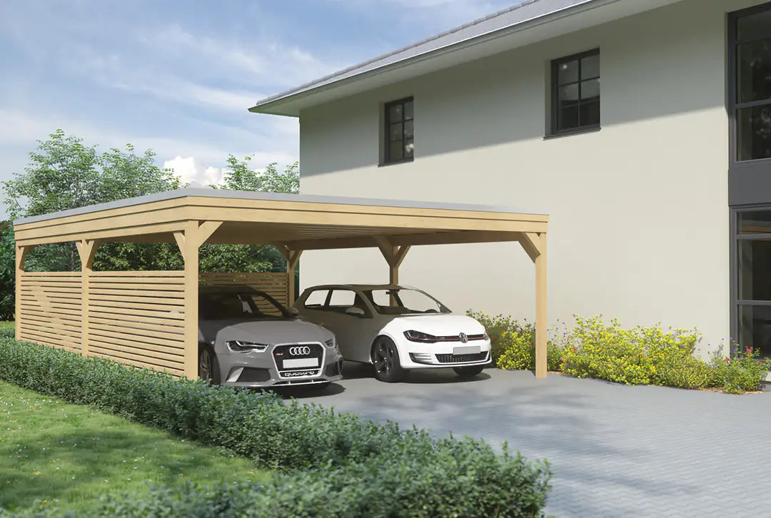 Flachdachcarport aus Holz 600x600cm mit Seitenwand