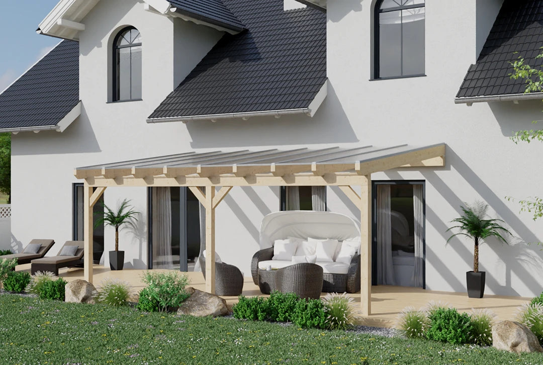 Terrassenüberdachung Holz 500cm Doppelsteg weiß – Ansicht 1