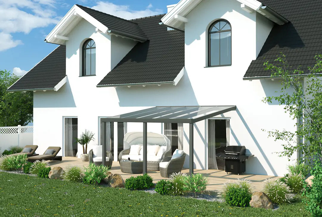 markise erker Terrassenüberdachung Alu, grau, 4x3,5 m, VSG