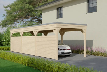 Flachdachcarport aus Holz 300x900cm mit Seitenwand