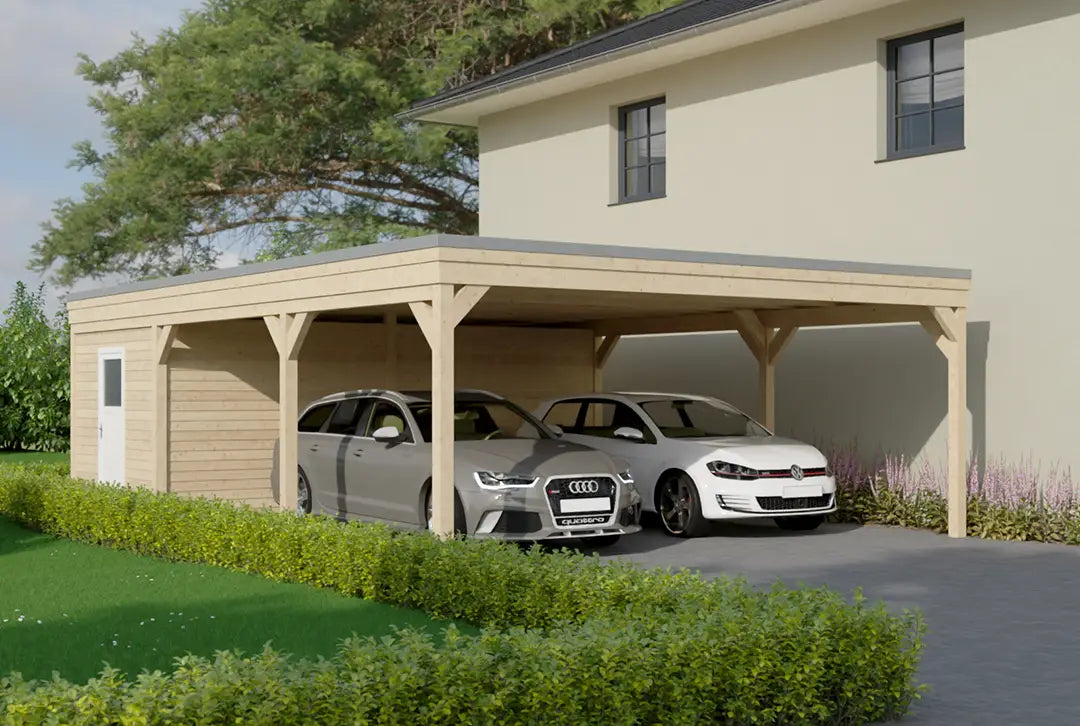 Flachdachcarport aus Holz 600x900cm mit Geräteraum