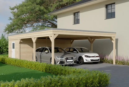 Flachdachcarport aus Holz 600x900cm mit Geräteraum