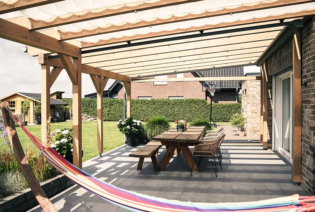 hängematte an terrassenüberdachung Terrassenüberdachung Holz, Natur, 5x2,5 m, VSG