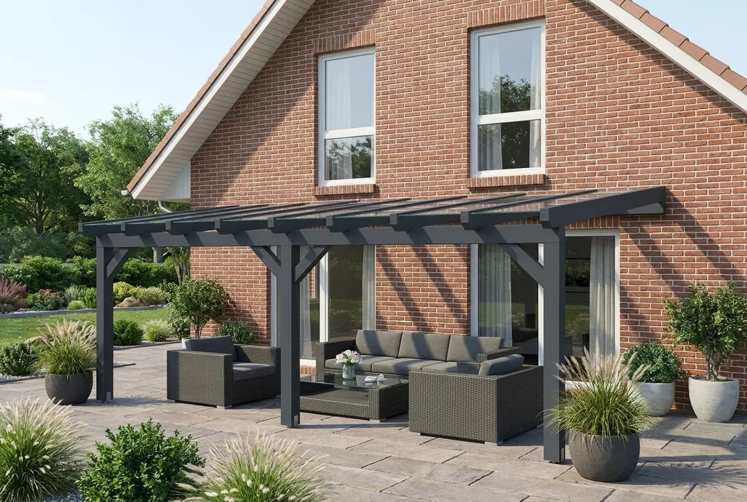Terrassenüberdachung Holz 500x450cm VSG anthrazit – steda