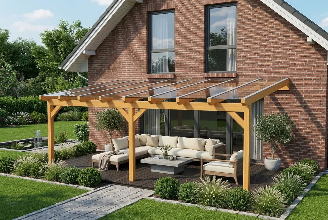 Terrassenüberdachung Holz 600x450cm VSG eiche-hell