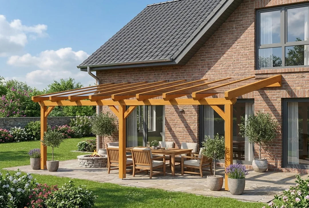 Terrassenüberdachung Holz, eiche hell, 8x3,5 m, VSG