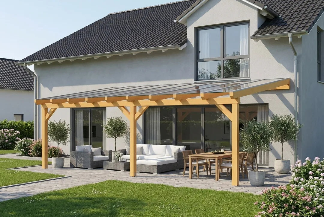 Terrassenüberdachung Holz 600x500cm VSG eiche-hell