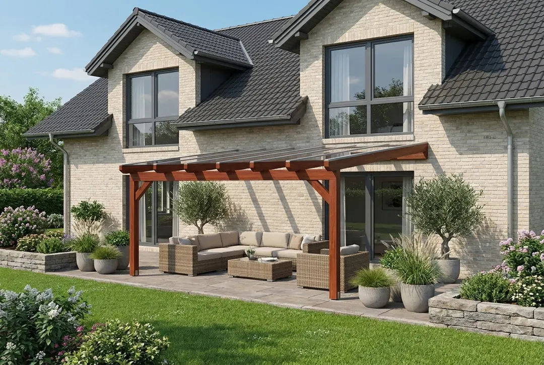 Terrassenüberdachung Holz 400x450cm VSG teak