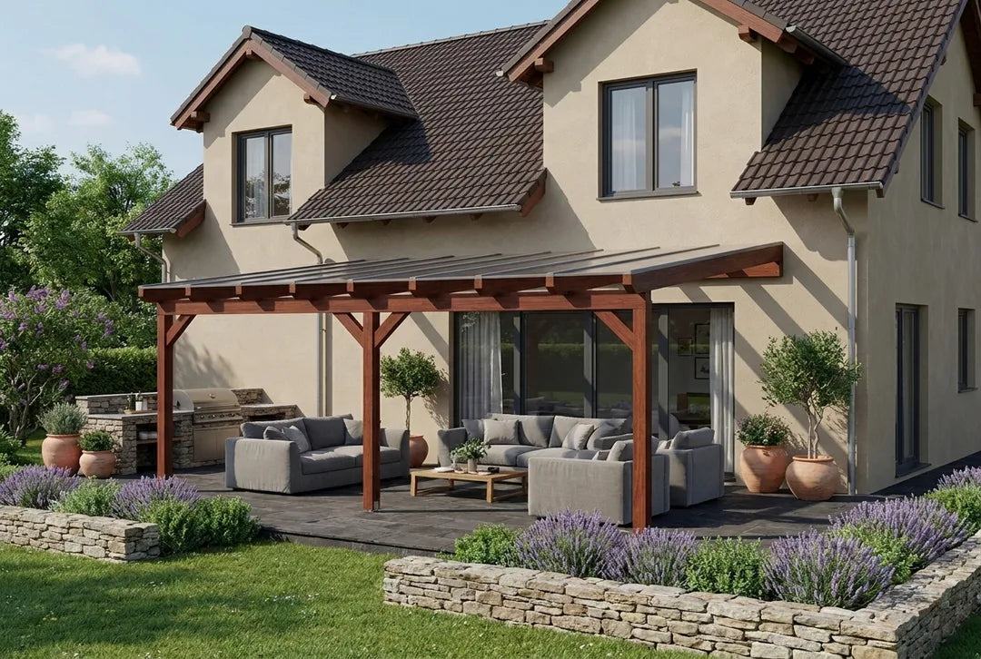 Terrassenüberdachung Holz 700x250cm Doppelsteg teak