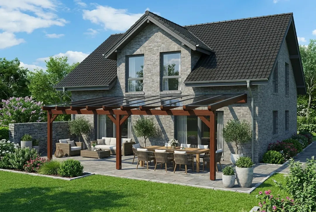 Terrassenüberdachung Holz 700x350cm VSG teak