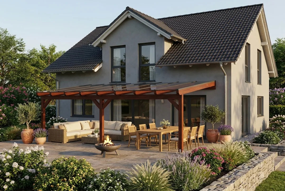 Terrassenüberdachung Holz 600x250cm VSG teak