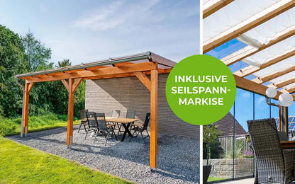 Terrassenüberdachung 4x3,5m Holz Wandanbau LIMITED EDITION inklusive Seilspannmarkise